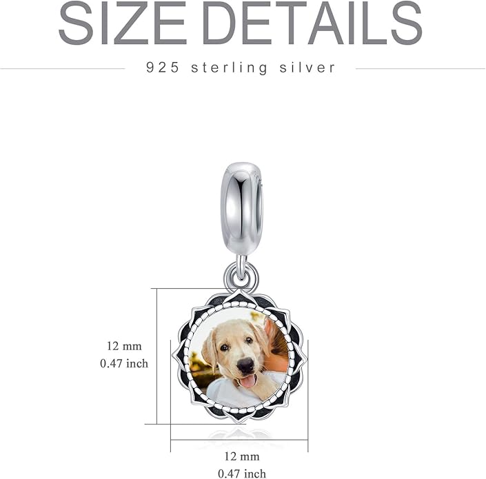 LONAGO 925 Sterling Silver Personalized Photo Charm Fit Compatible for Bracelet Necklace Customized Heart Round Shape Picture Bead