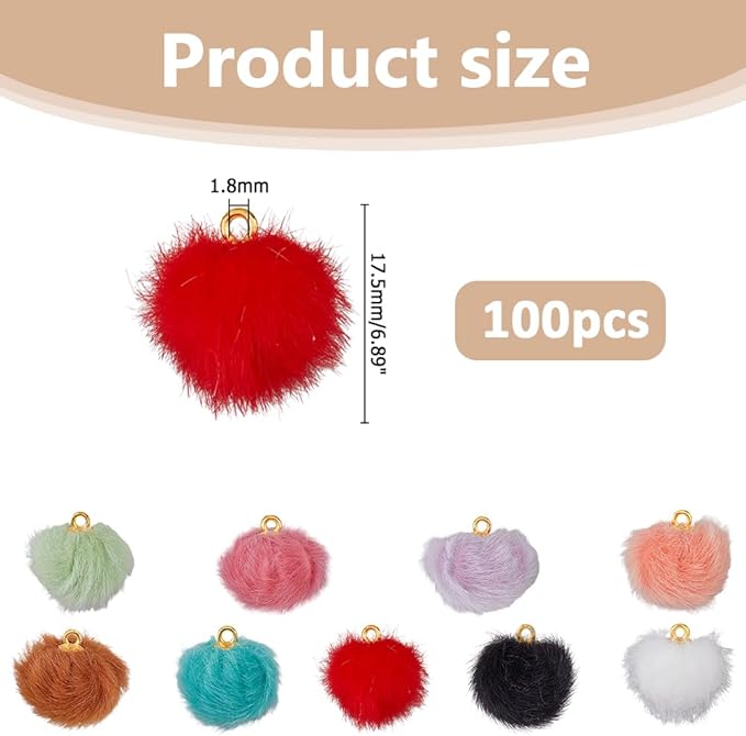 100pcs Pom Poms Ball Charms Colorful Fluffy Plush Balls with Tiny Loop Round Faux Fur Fluffy Pendant Ball Charms for Keychain Earring Necklace