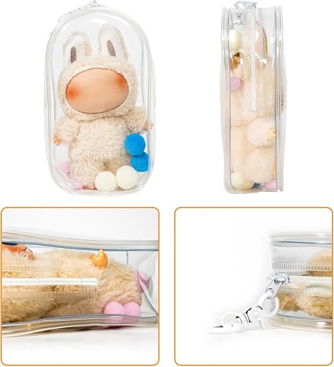 Clear Display & Storage Case for 17&15cm Plush Doll PVC Bag with Detachable Keychain for Collectible Toys and Cosmetics, Portable cases for Travel or Home Decor (white)