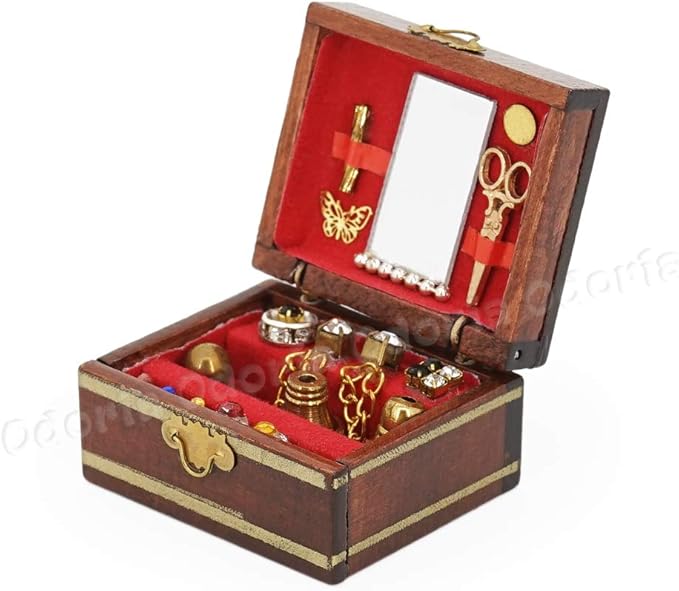 Odoria Dollhouse Jewelry Box Miniature: 1/12 Scale Makeup Box Organizer for Bedroom Victorian - Mini Treasure Chest Vintage Antique - Tiny DIY for Craft Wooden