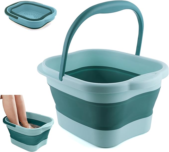 DoroSun Collapsible Foot Bath Soak Tub with Handle, Plastic Foldable Feet Spa Soaking Basin Bucket with Massager Acupoint for Washing, Pedicure Foot Care Bathtub Bowl Tools for Pain Relief, Green