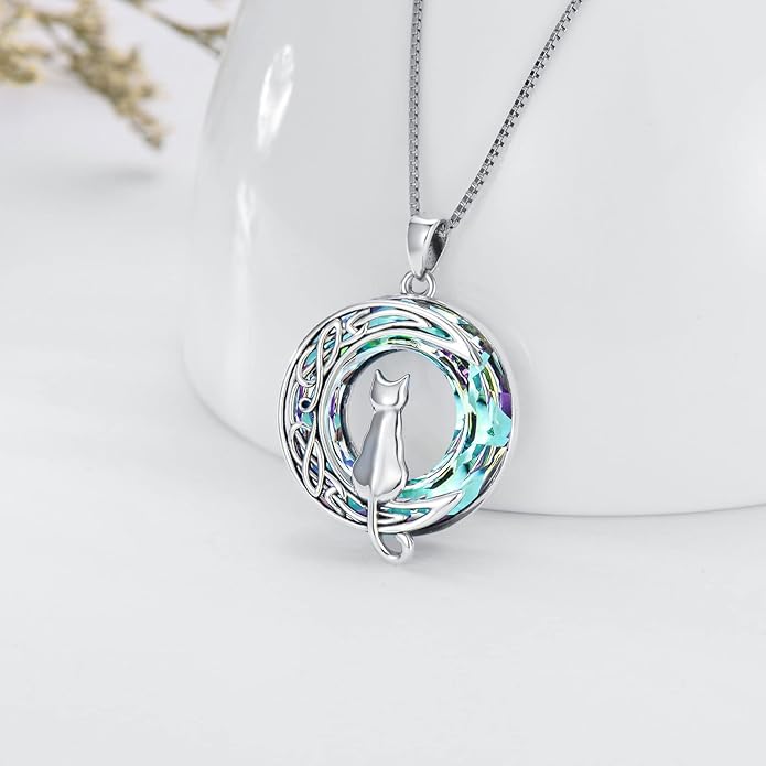 TOUPOP Cat Gifts for Cat Lovers One Two Three Four Cats Necklace Sterling Silver Cats on the Moon Pendant Necklace with Blue Circle Crystal Birthday Christmas Celtic Jewelry Gifts for Women