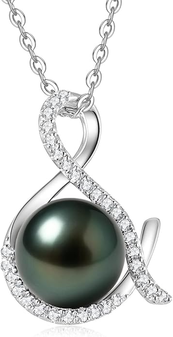 Genuine Tahitian Black Pearl Necklace for Women, 9-13mm AAAA Seawater Pearl - Sterling Silver Moissanite Pendant, Wedding Anniversary, Birthday, Christmas Gift for Wife, Mom, Girlfriend, Fine Jewelry