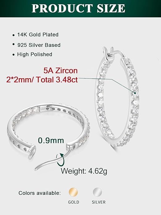 Wyyxl Womens Diamond Hoop Earrings, 20/25/30mm Small Hoop Sterling Silver Based Hypoallergenic Huggie Stud, Sparkle Moissanite 5a Cubic Zirconia Earings Jewelry for Woman Daily Party Wear