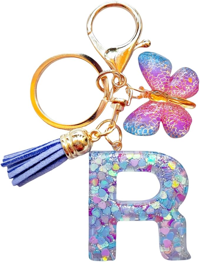 Cute Initial Letter Keychains for Women Girls Tassel Butterfly Pink Purple Green Keychain for Backpack School Bag