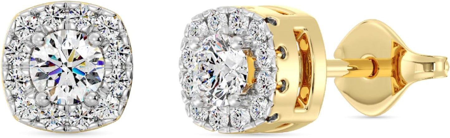 Gilded Lab-Grown Diamond Sterling Silver and 14KT Yellow Gold Plated Silver Stud Earrings for Women | Cushion Halo Shaped Studs | Hypoallergenic Fine Jewelry | Prong Setting, Push Back Nut | SI1 Clarity, F Color 1/4, 1/2, ,1 Carat Total Weight