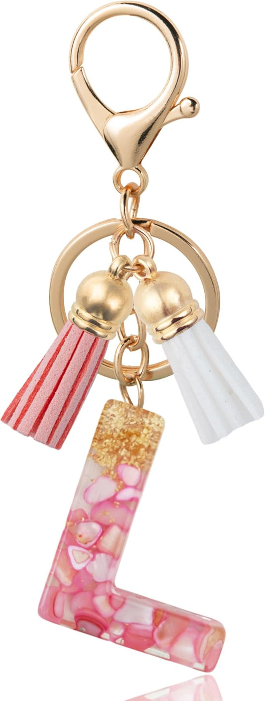 Initial Letter Keychain Cute Resin with 2 PU Tassel, Letter Keychain for Backpack Charms, Initial Keychains for Women