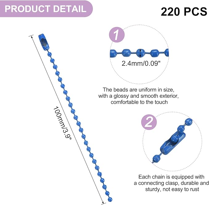 uxcell 220pcs Metal Ball Bead Chain, 100mm Long Bead Connector Clasp Dog Tag Hanging Chain for Key Chains Tags Craft Projects Jewelry Making, Blue