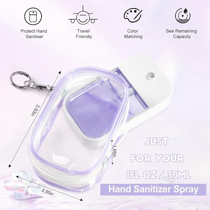 Hand Sanitizer Spray Clear Case for 1FL OZ/30ml, 3 Pack Hand Sanitizer Holder Zippered Pouch, Mini Clear Makeup Bag, Figures Display Bag, with Keychain Snap Hook (Black & White & Purple)