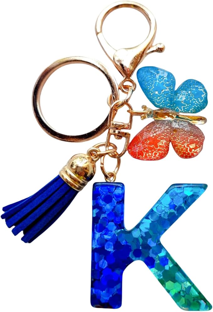 Cute Initial Letter Keychains for Women Girls Tassel Butterfly Pink Purple Green Keychain for Backpack School Bag
