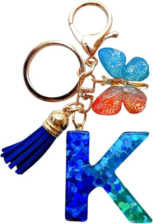 Cute Initial Letter Keychains for Women Girls Tassel Butterfly Pink Purple Green Keychain for Backpack School Bag
