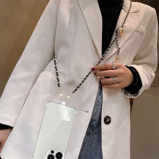 Phone Crossbody Chain Cell Phone Lanyard,Universal Leather+Metal Shouder Strap with Phone Tether Patches (H)