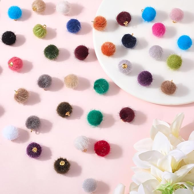 SUNNYCLUE 96Pcs 24 Colors Faux Fur Pom Pom Charm Fluffy Pompom Charms Bulk Colorful Polyester Fuzzy Round Small Ball Pendants with Gold Hoop for Tassel DIY Crafts Jewelry Keychain Making Accessories