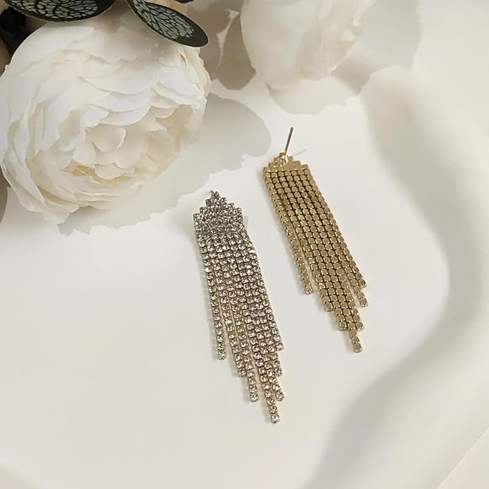 HERIER Rhinestone Earrings Dangling for Women Chandelier Statement Tassel Earrings Girls Silver Sparkly Drop Cubic Zirconia Crystal Earrings Long Dangle Costume Jewelry