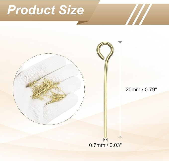 HARFINGTON 100pcs Open Eye Head Pins 0.79" 20mm Mini Metal Wire Eye Pins Beading Small Needles Bulk for Earring Pendant Necklace Bracelet Charm Jewelry Making Findings DIY Craft, 14K Gold