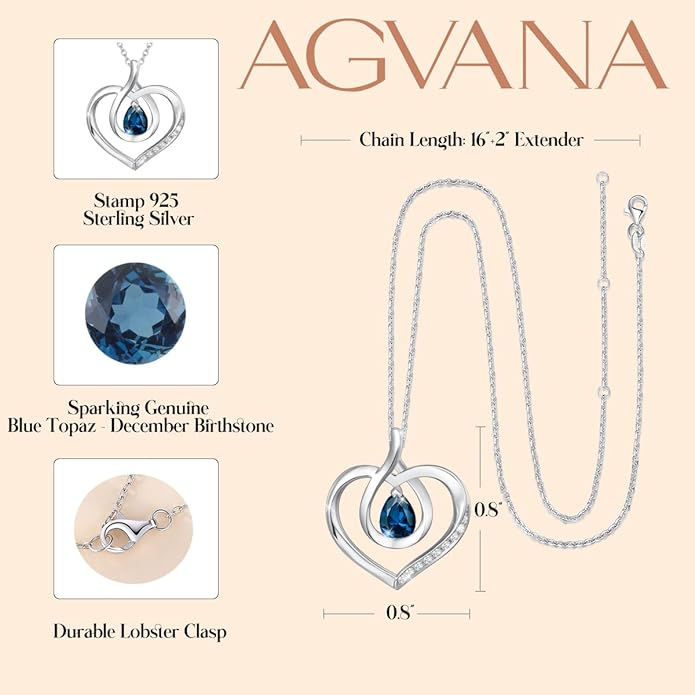 AGVANA Christmas Gifts Heart Birthstone Necklace for Women Sterling Silver Genuine or Created Gemstone Forever Love Pendant Necklace Fine Jewelry Anniversary Birthday Gifts for Women Mom Wife