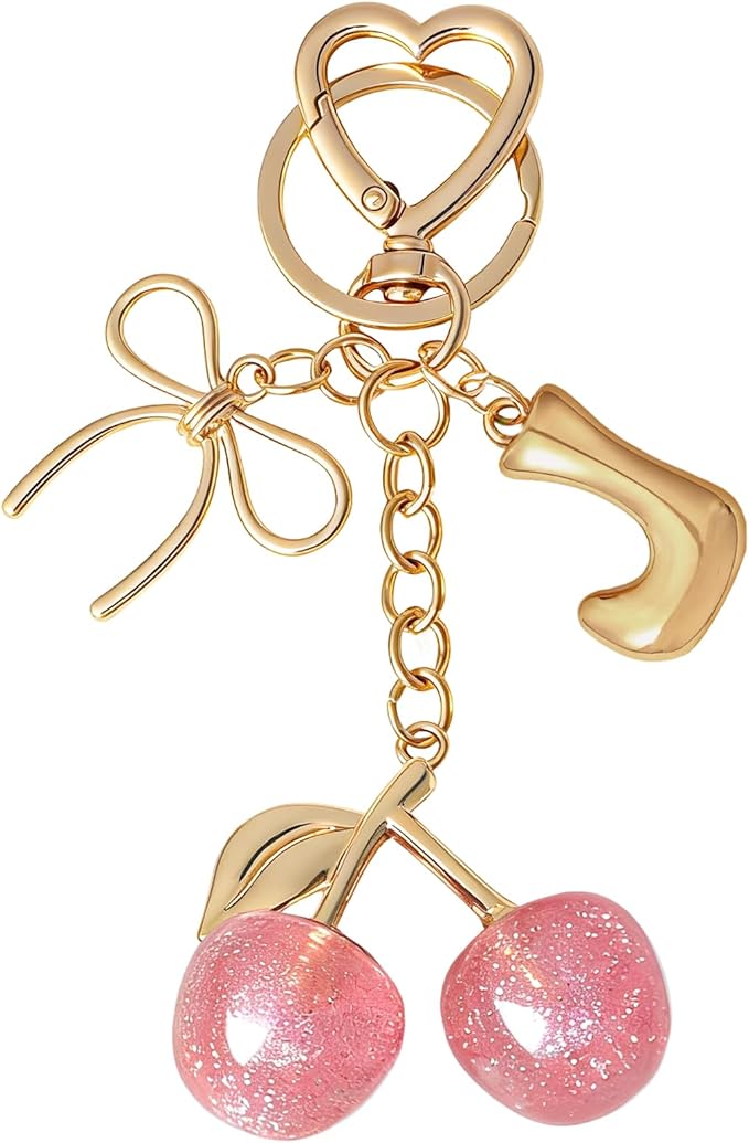 Snycler Bubble Initial Keychain with Cherry & Bow - Gold Letter Bag Charms for Women, Cute Purse Handbag Accessories