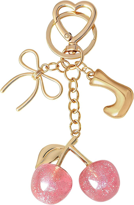 Snycler Bubble Initial Keychain with Cherry & Bow - Gold Letter Bag Charms for Women, Cute Purse Handbag Accessories