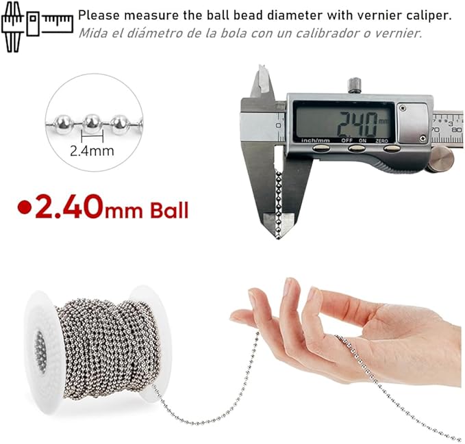 Wayilea Ball Bead Chain 70 Feet, Stainless Steel Chains Silver with 150pcs Connectors Clasps, Dog Tag Key Chains for Bracelet Making DIY Necklace Crafts, 2.4mm Ball, 1 Roll 21.3 Meters