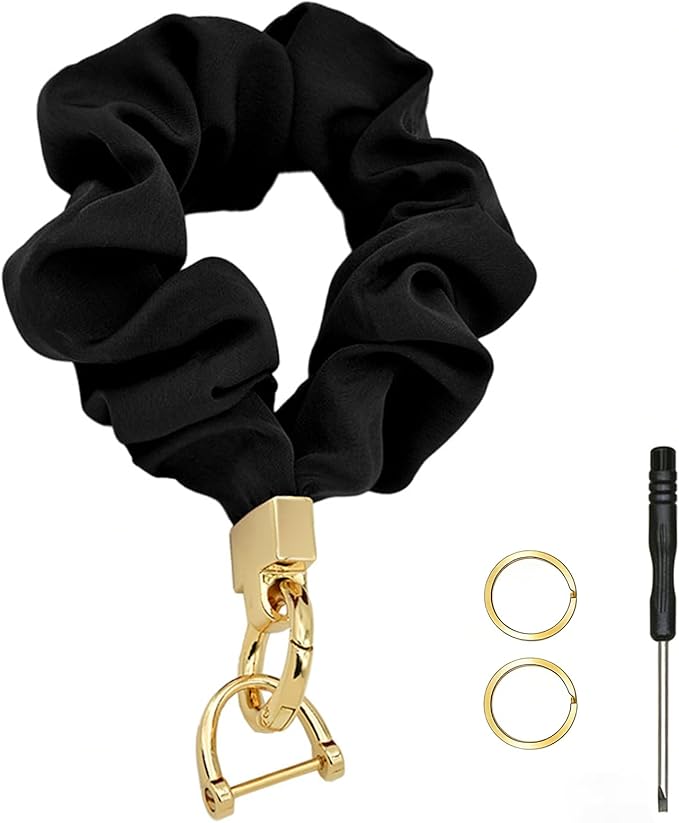Scrunchie Wristlet Keychain for Women Men, Cute Stretchy Wrist KeyChain for Car Keys with 3 Keyrings and 1 D ring