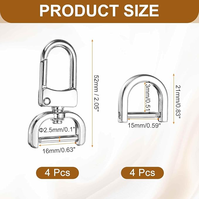 HARFINGTON 4pcs Detachable Snap Hook Swivel Clasp 5/8" (16mm) Zinc Alloy Lobster Claw Clasp with 4pcs D-Rings Screw in Shackle for Keychain Lanyard Purse DIY Purse Strap, Silver