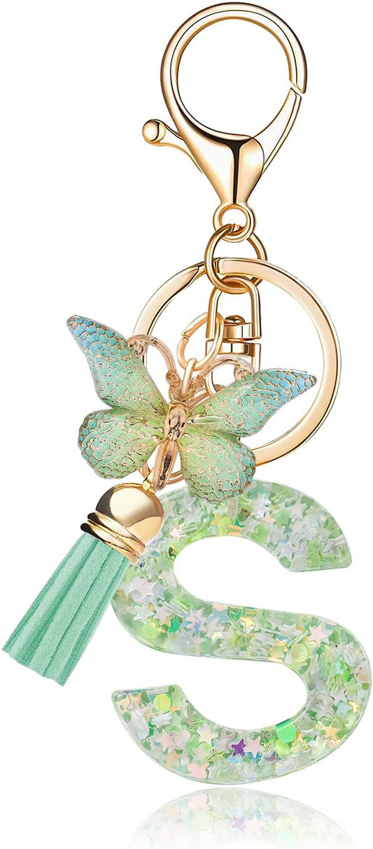 Fashion Alphabet Initial Letter Keychain Tassel Butterfly Pendant Key Ring for Purse Handbags Women Girl