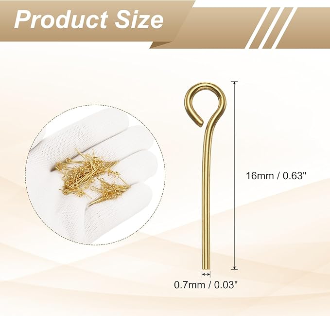 HARFINGTON 100pcs Open Eye Head Pins 0.63" 16mm Mini Metal Wire Eye Pins Beading Small Needles Bulk for Earring Pendant Necklace Bracelet Charm Jewelry Making Findings DIY Craft, 18K Gold