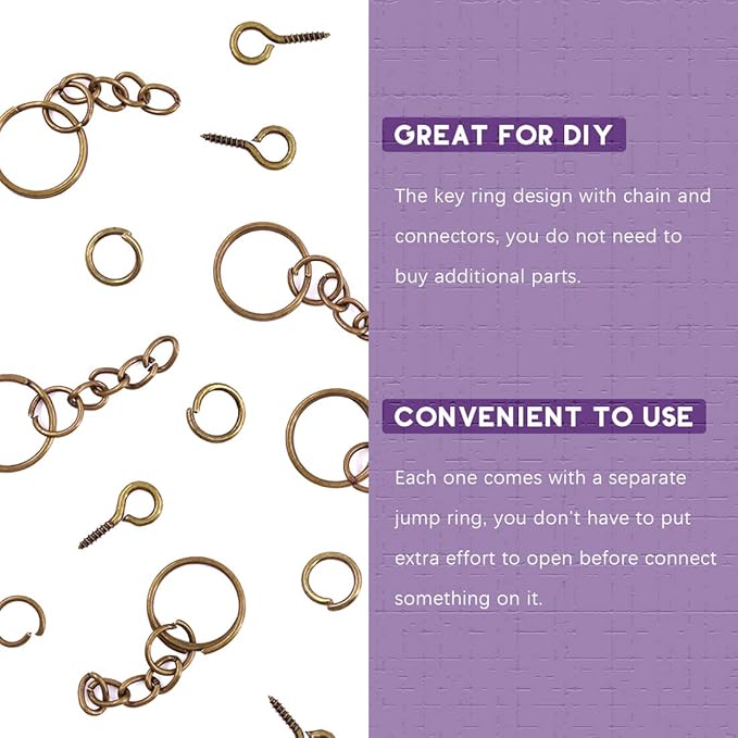 Swpeet 450Pcs 3/5" 15mm Bronze Key Chain Rings Kit, Including 150Pcs Keychain Rings with Chain and 150Pcs Jump Ring with 150Pcs Screw Eye Pins Bulk for Jewelry Findings Making (15mm, Bronze)