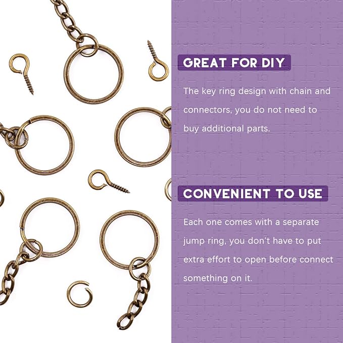 Swpeet 450Pcs 4/5 Inch 20mm Bronze Flat Key Chain Rings Kit, Including 150Pcs Split Keychain Rings with Chain and 150Pcs Jump Ring with 150Pcs Screw Eye Pins Bulk for Jewelry Findings Making