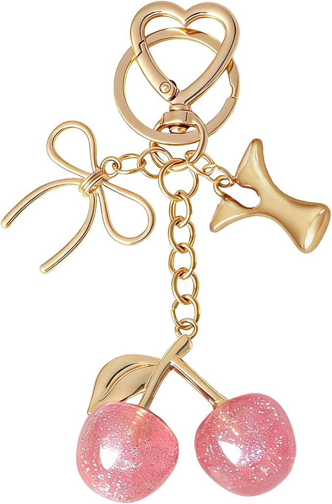 Snycler Bubble Initial Keychain with Cherry & Bow - Gold Letter Bag Charms for Women, Cute Purse Handbag Accessories