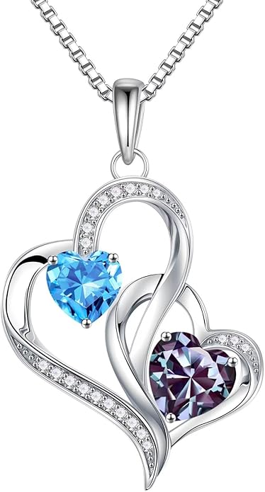 Iefil Valentines Day Gifts for Her, Birthstone Necklace for Women, 925 Sterling Silver Double Birthstone Necklace | Anniversary Birthday Gifts | Personalized Jewelry Gift for Wife Mom Girlfriend
