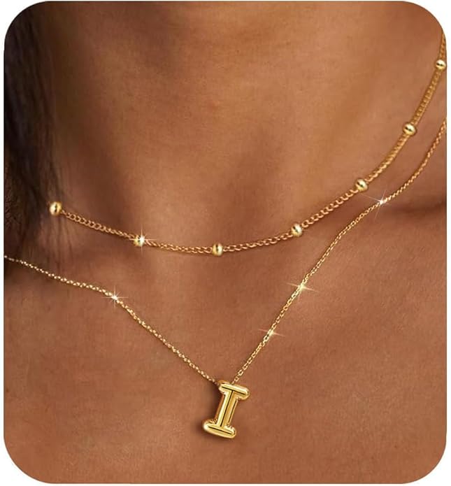 PANSHI Gold Initial Necklaces Gifts for Teen Girls Women Girlfriend Teen Girl Gifts Trendy Stuff Layered Bubble Letter Necklace Gold Jewelry Birthday Gift