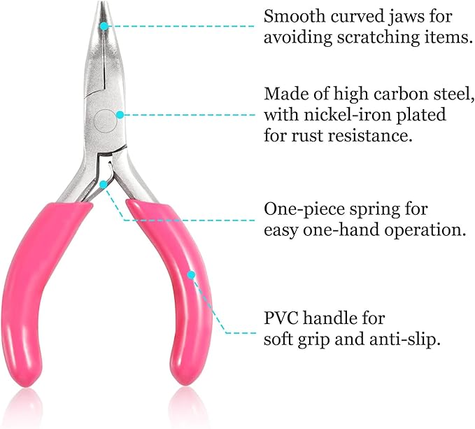 SPEEDWOX Mini Bent Nose Pliers, 3" Chain Nose Pliers with Pink PVC Handle, Jewelry Pliers for Beading Jewelry Making Wire Wrapping DIY Craft Hobby Supplies