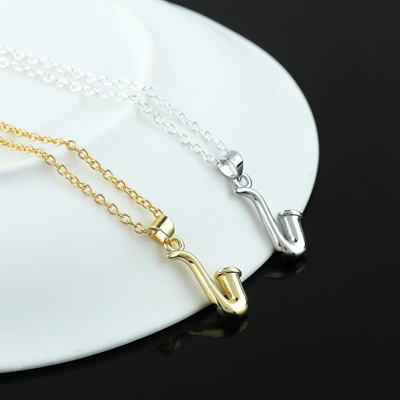 JOR Saxophone Charm Pendant Necklace, Relationship Goal, CZ, Women Jewelry, Dainty Gold & Silver Plated Combo Chain 18 inch (Pack of 2)