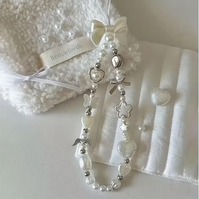 2 Pcs Phone Charm Strap Hand Universal for iPhone Wrist Strap Camera Lanyard Pearl Beaded Cute Chain String Accessories Universal for iPhone 17 Pro Max Samsung Women Girls Phones Bag Keychain