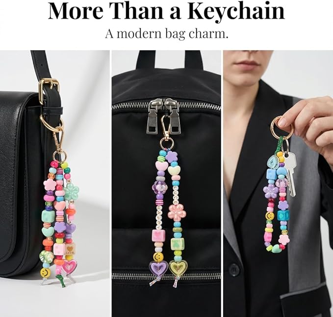 PinEther DIY Bag Charm Kit & Keychain Making Kit, 421 PCS Bead & Charm Set with A–Z Letter Beads, Strings & Clasps, Beaded Bag Charm Kit for Women & Adults, DIY Accessories, Gift Ready