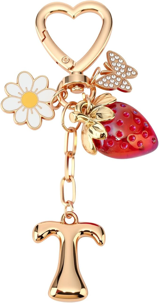 Strawberry Initial Keychain for Women-Cute Kawaii Gold Alphabet Bag Charms, Key chain Gift for Purse Handbag