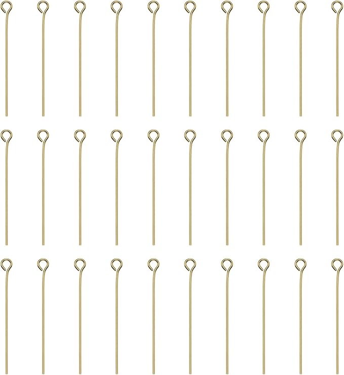 HARFINGTON 100pcs Open Eye Head Pins 1.38" 35mm Mini Metal Wire Eye Pins Beading Small Needles Bulk for Earring Pendant Necklace Bracelet Charm Jewelry Making Findings DIY Craft, 18K Gold