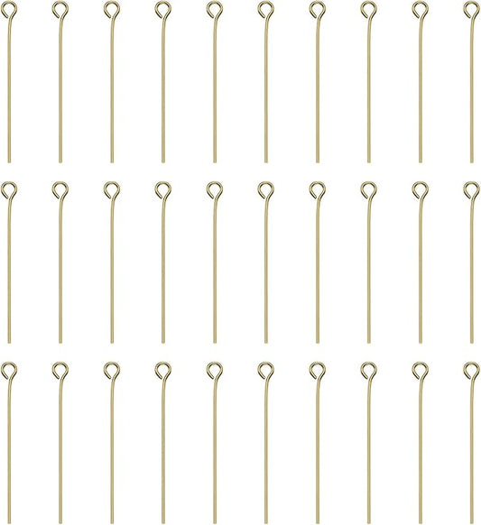 HARFINGTON 100pcs Open Eye Head Pins 1.38" 35mm Mini Metal Wire Eye Pins Beading Small Needles Bulk for Earring Pendant Necklace Bracelet Charm Jewelry Making Findings DIY Craft, 18K Gold