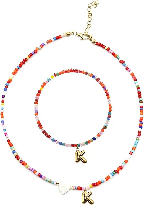I IHAYNER Colorful Beaded Initial Necklace and Bracelet Set for Girls Personalized Letter Jewelry Gifts Trendy Choker Necklace Matching Bracelet Birthday Friendship Gift