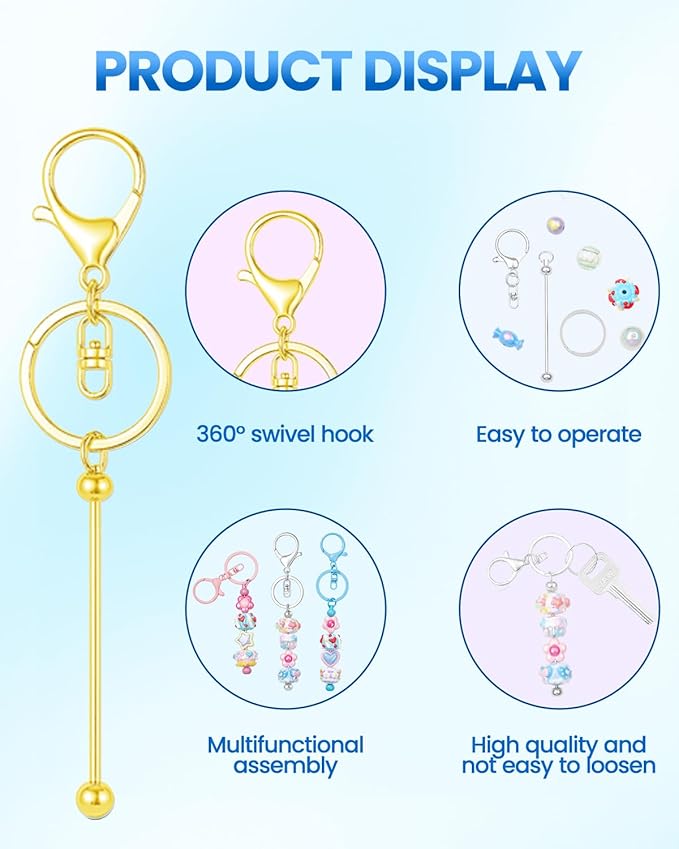 RQAYE 30pcs Beadable Keychains Keychain Bulk kit Cute Blank Bead Keychain Strip DIY Men's and Women's Making Supplies Crafts, Jewelry, Bag Accessories, Customized Project Gifts (Gold)