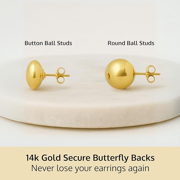 14K Gold Stud Earrings for Women | Yellow Solid Gold Flat & Full Ball Earrings with Gold Butterfly Backs | 4MM-8MM Hypoallergenic Real 14K Button Ball Studs for Women & Men by MAX + STONE