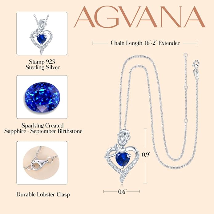 AGVANA Christmas Gifts Rosy Reverie Birthstone Necklace for Women Sterling Silver Genuine or Created Gemstone Rose Flower Heart Pendant Necklace Anniversary Birthday Gifts for Women Mom Wife Her
