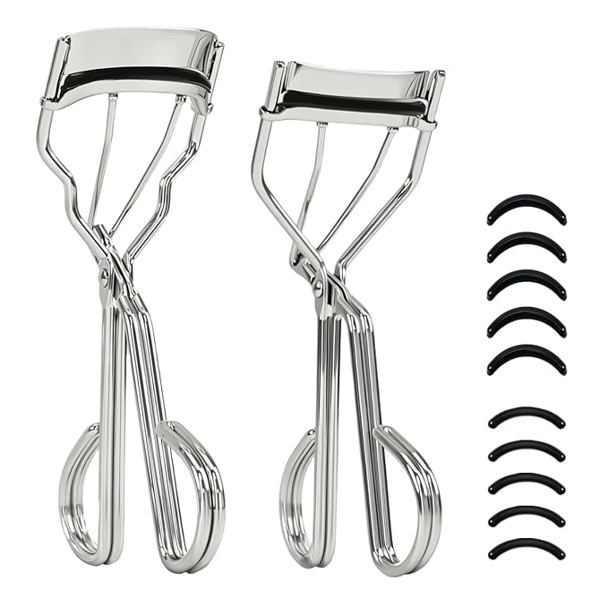 qiipii 2 Kinds of Eyelash Curlers with Different Curvature Suitable for Various Eyes Shapes, Silver Comfort Grip,10 Silicone Replacement Refills Pads for Perfect Framed Lashes - Gentle & Safe Use