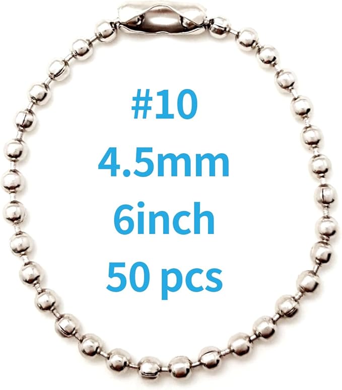 50-Pack 4-Inch Ball Chains with Connectors, 4.5mm Stainless Steel Beaded Chain for Fan Pulls, Dog Tags, Keychains, Crafts, ID Badges, Necklace Chains