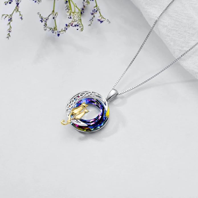 TOUPOP Cat Gifts for Cat Lovers One Two Three Four Cats Necklace Sterling Silver Cats on the Moon Pendant Necklace with Blue Circle Crystal Birthday Christmas Celtic Jewelry Gifts for Women