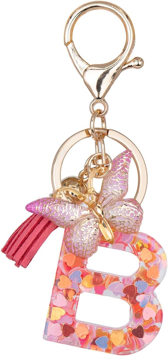Initial Keychain Cute Pink Resin Letter and Butterfly Charms Keychains for Backpack Purses