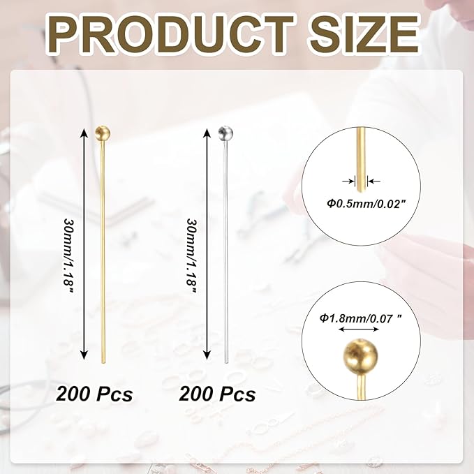 PATIKIL 1.2 Inch Ball Pins, Jewelry Making Headpins Straight Pins Findings Bendable for DIY Craft Bracelet Necklace Earring Pendant Making Supplies-400Pcs(Silver Gold)