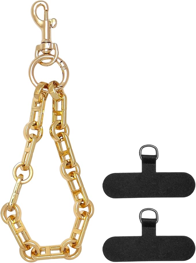 Phone Wrist Strap with Metal Chain Phone Lanyard Wrist with 2 Tether Tabs Metal Leather Cellphone Charm Phone Chain