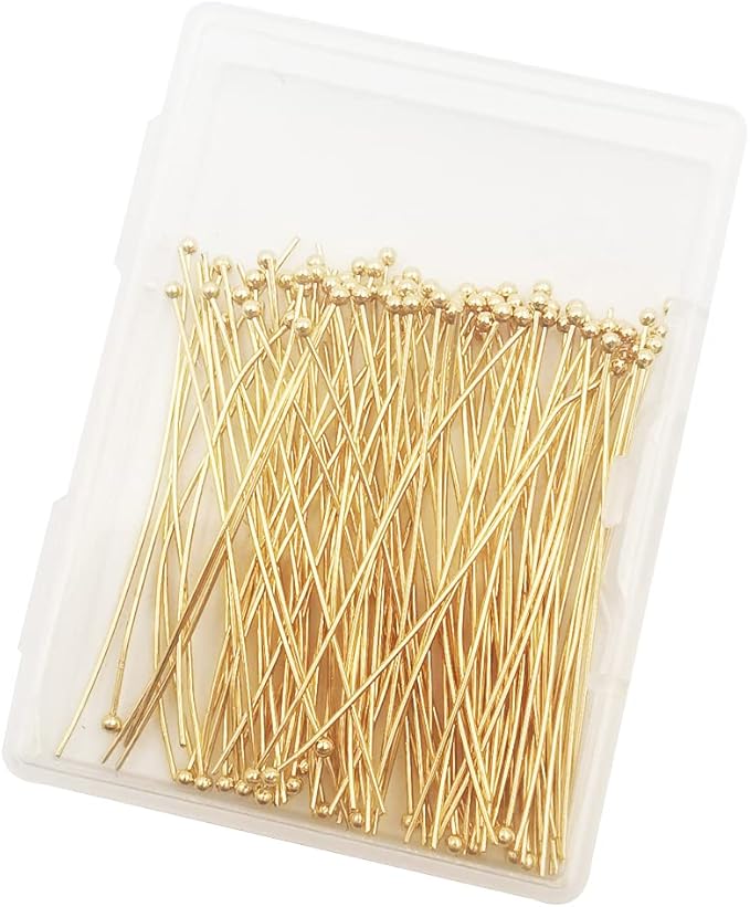 INSPIRELLE 100PCS Gold Plated Brass Ball Head Pins 22 Gauge Satin Pins for DIY Jewelry Making Findings - 50mm (2 Inch) Long